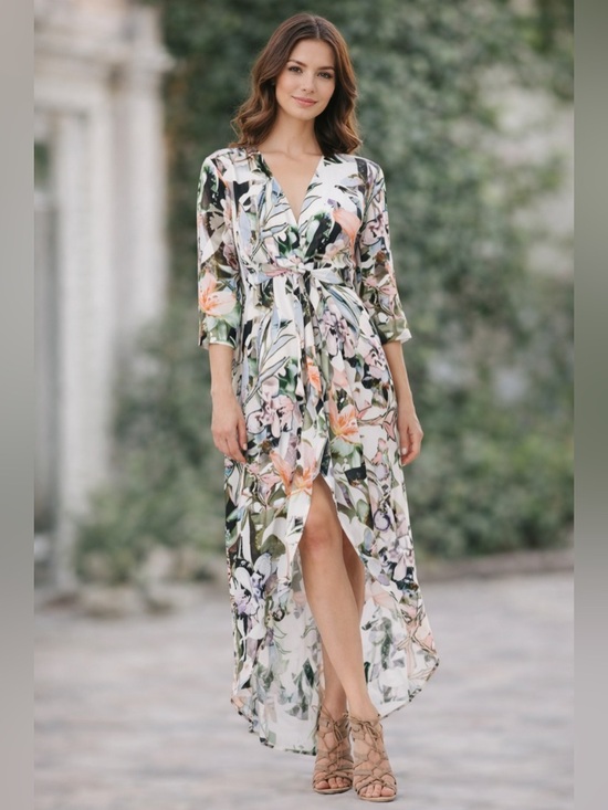 Johanne Beck Dresses & Skirts - Johanne Beck Dress Floral Print V Neck Button Down Hi Lo Maxi